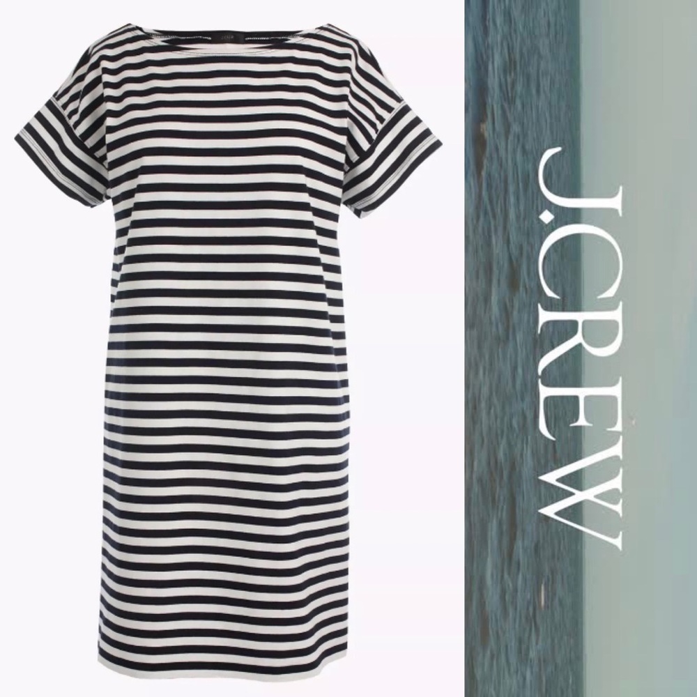 J CREW Women Dress sz XS 100% Cotton Short Sleeve Round Neck White Navy Stripe